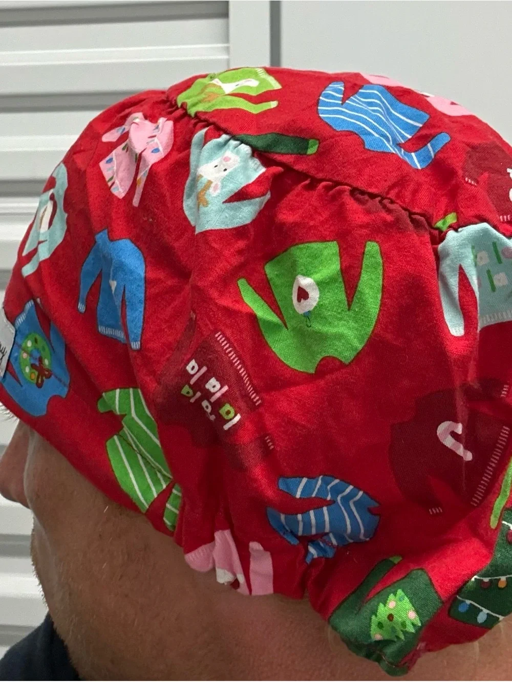 Harmony Scrub Hats Red Multicolor Christmas Print Cotton Bouffant Scrub Cap